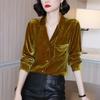 Spring Autumn Velvet Elegant Fashion Solid Shirt Ladies Polo-neck Long Sleeve Buttons Vintage Top Women Loose Casual Blouse
