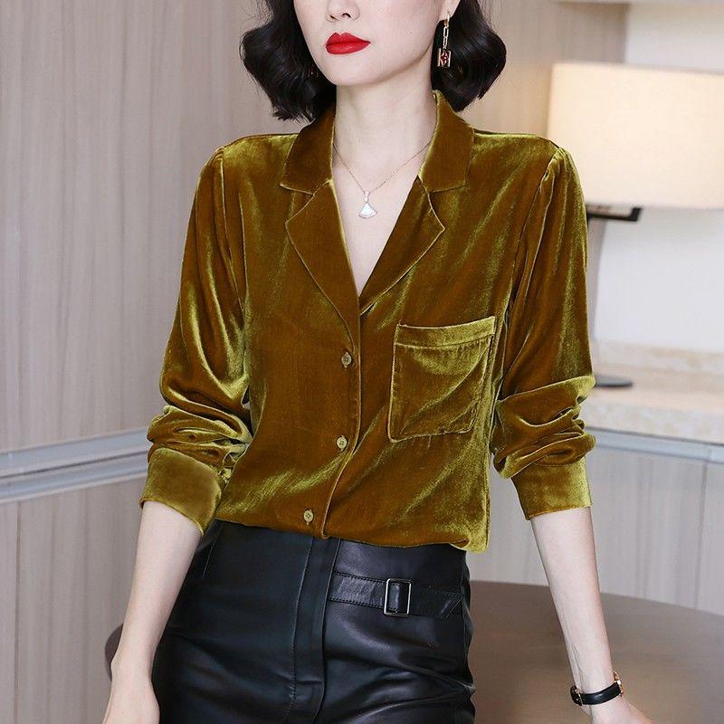 Spring Autumn Velvet Elegant Fashion Solid Shirt Ladies Polo-neck Long Sleeve Buttons Vintage Top Women Loose Casual Blouse