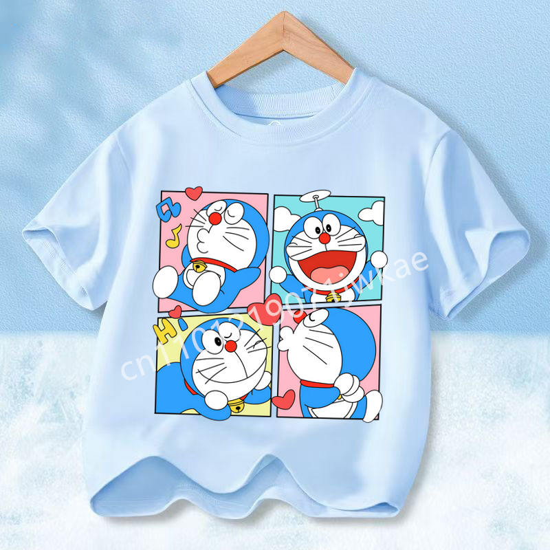 Doraemon Colorful T-shirt Printed Short-sleeved Outdoor Simple Comfortable Pullover Tops Summer Clothes Casuals Round Neck Shirt