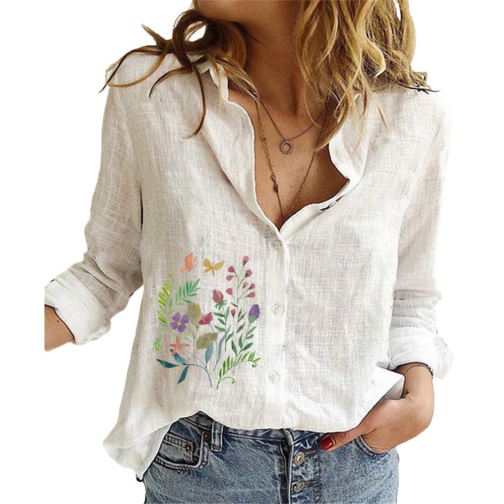 Women Lapel Neck Fashion Long Sleeve Top Cotton Linen Button-up Shirt Ladies Casual Print Blouses