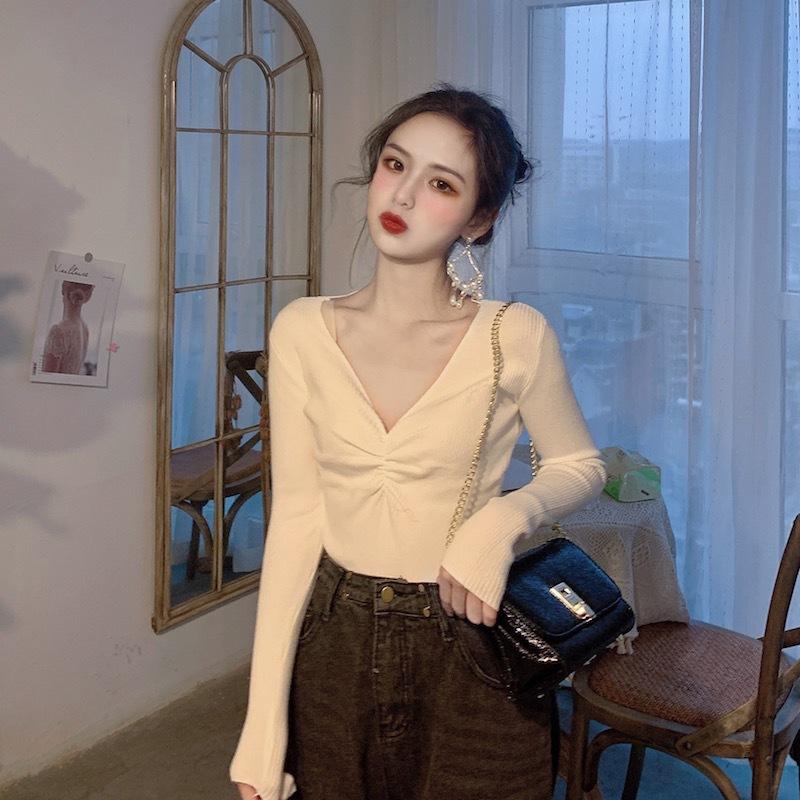 Fall Winter Women V Neck Solid Color Long Sleeve Pleated Knitted Bottoming Chic Sweater