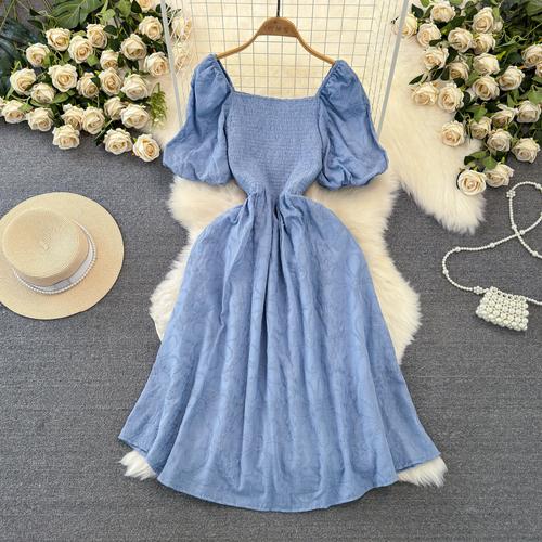 Fashion Dress for Women Square Collar Puff Sleeve A-line Floral Texture Vestido Womens Solid Color Folds Dresses Summer Dropship