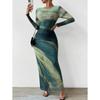 Spot European and American Fashion Mesh Printing Pleated Sexy Tight Crew Neck Dress