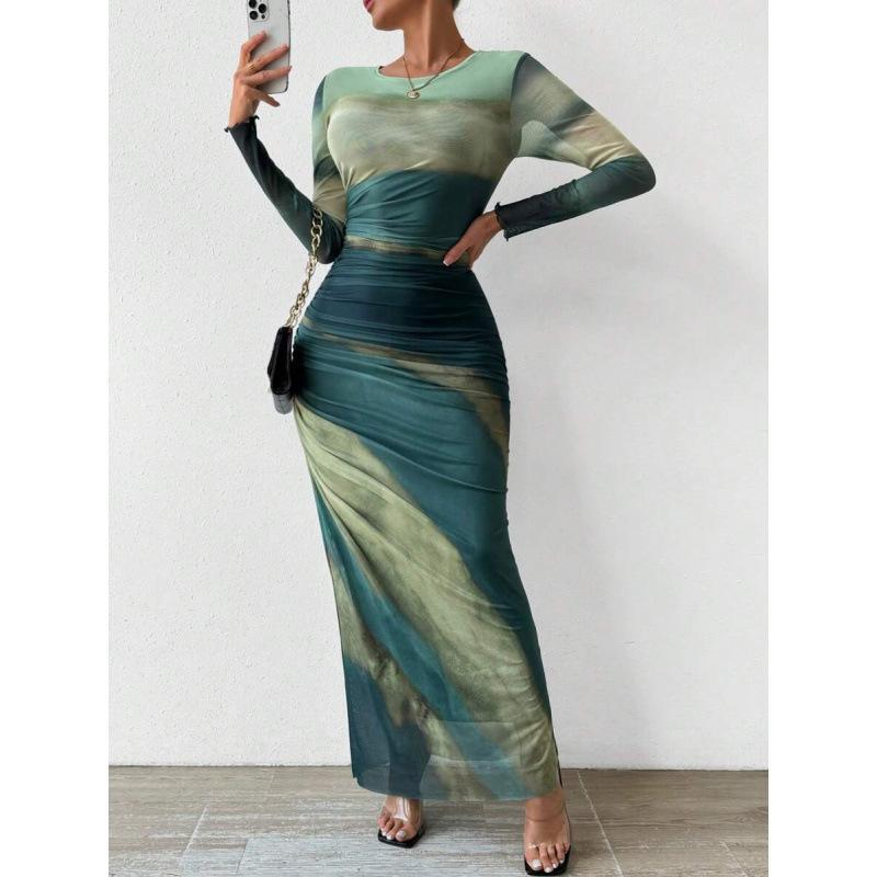 Spot European and American Fashion Mesh Printing Pleated Sexy Tight Crew Neck Dress