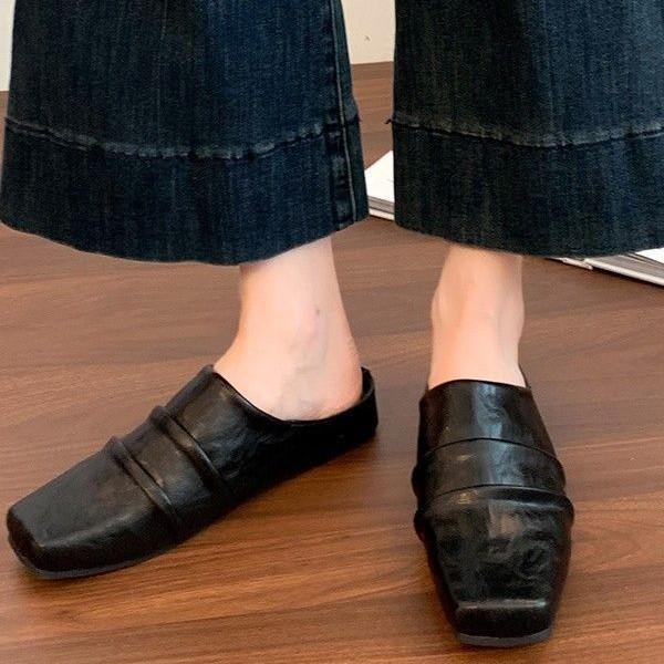 Soft pleated ballet shoes for men and women of the same style, Mueller shoes, square head leather shoes, flat shoes, commuter outer slippers