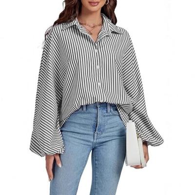 Camisa Casual Elegante Feminina Solta de Botão Único Listrada com Manga Lanterna Manga Longa Camisa com Lapela