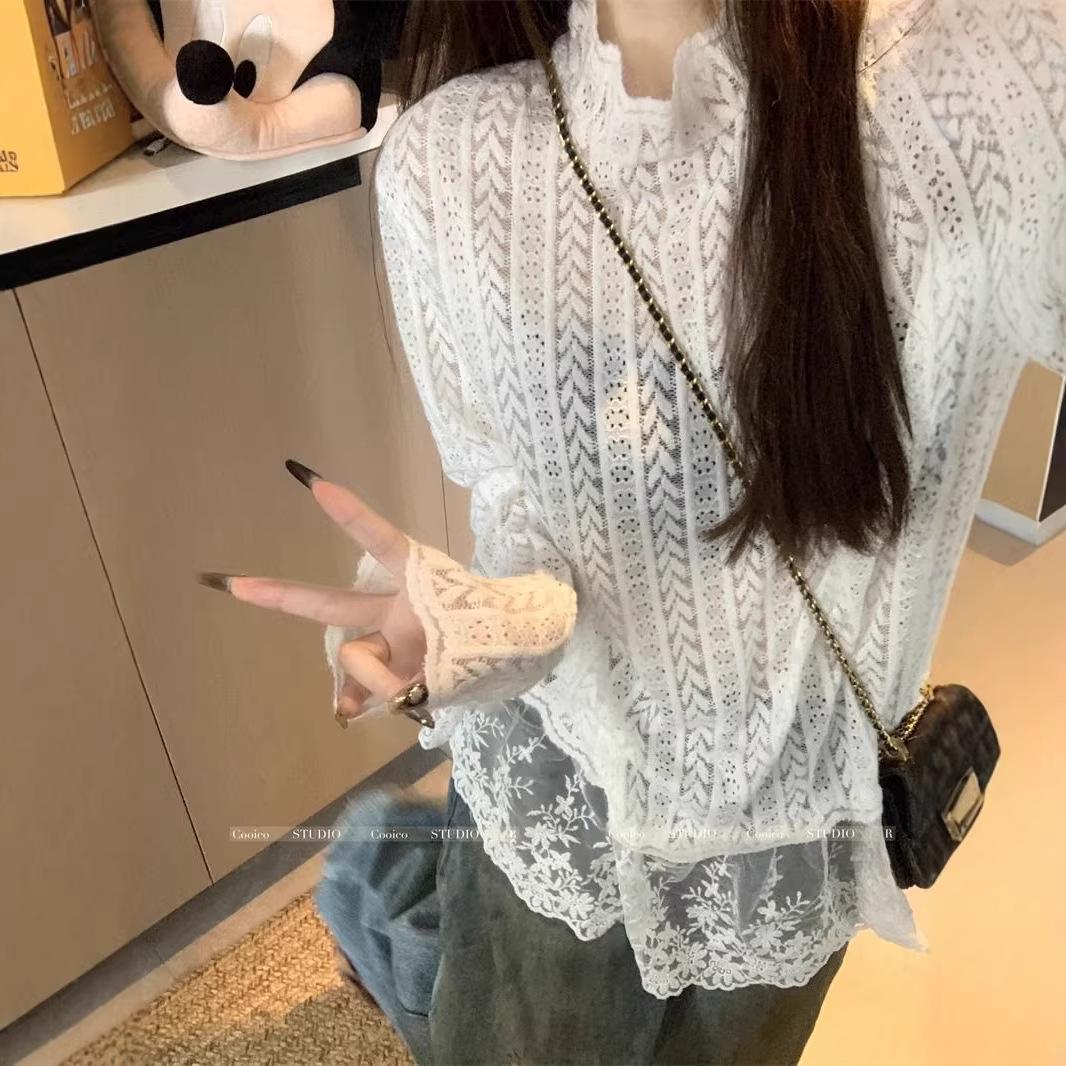 

Women s Sheer High Neck Lace Trim Long Sleeve Top for Spring/Autumn M (Premium Quality) белый