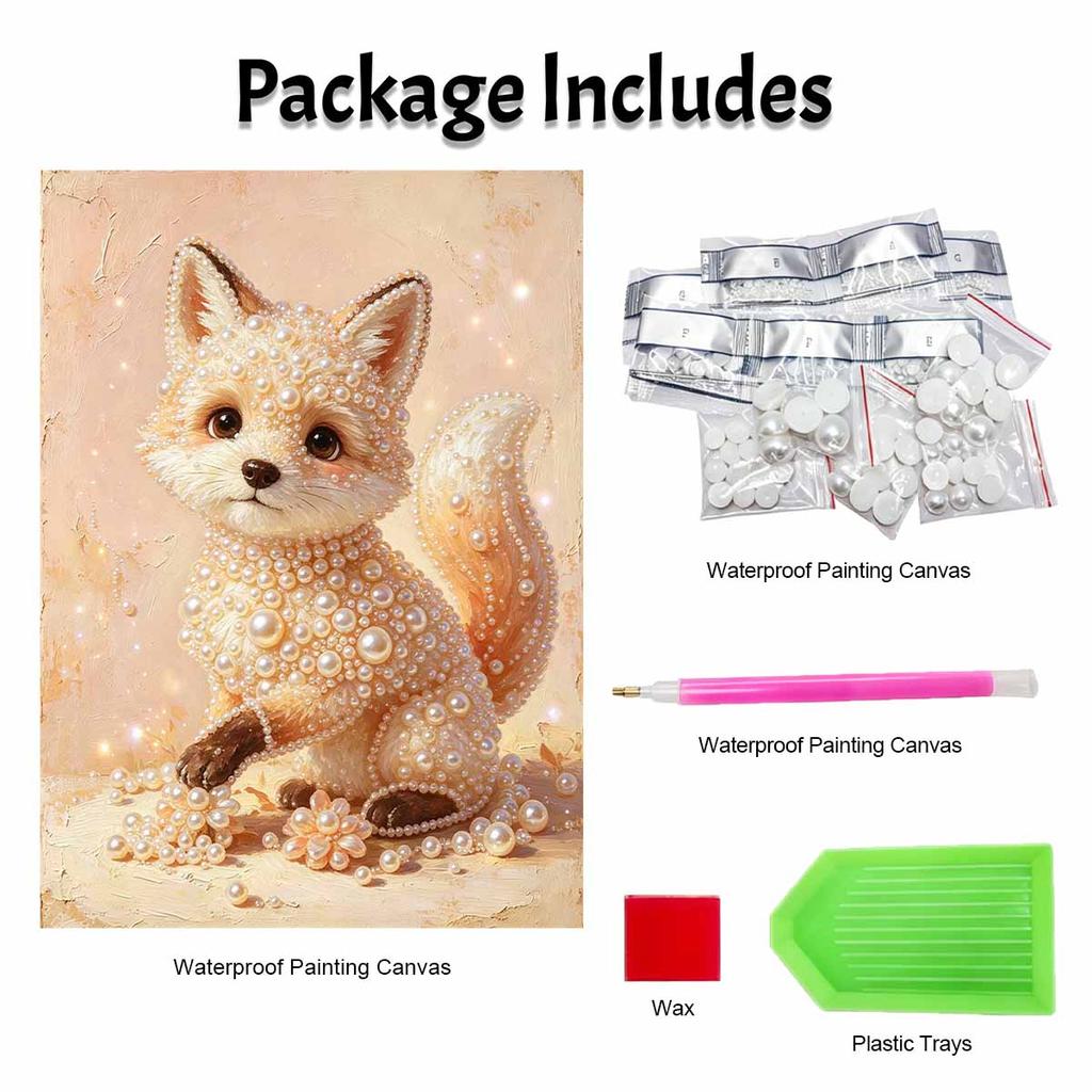 DIY 5D Pearl Bead Painting Kit with Frame Cute Fox Portrait Shiny Canvas Art for Bedroom Wall Decor and Gift Collection Display