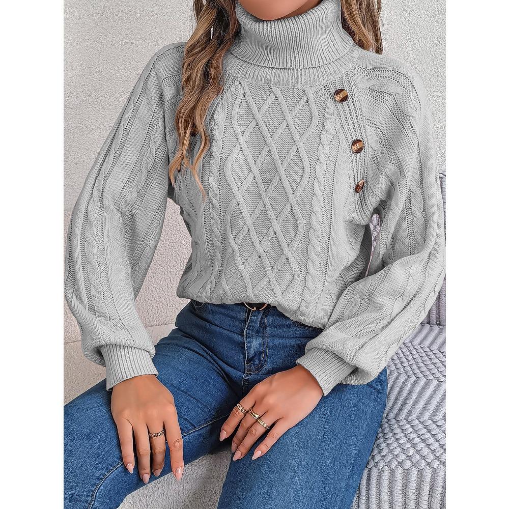 Autumn/Winter Casual Solid-Colour Buttoned Cable-Knit Turtleneck Bell-Sleeve Pullover for Women