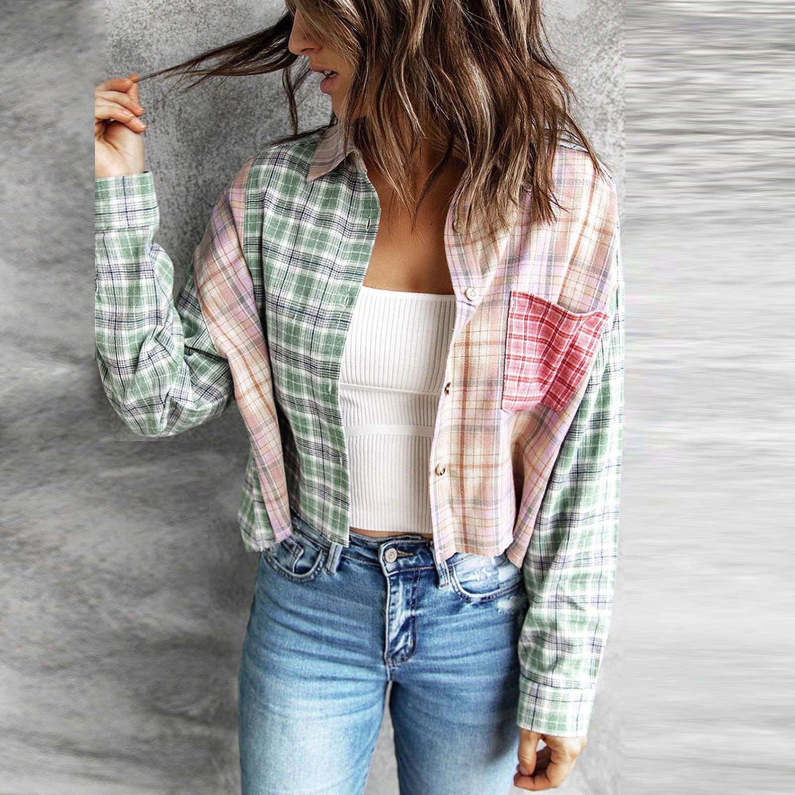 

Женский свободный топ с разноцветной клеткой, цветной блок, длинный рукав, повседневная женская блузка, пальто, рубашка, куртка S зелёный