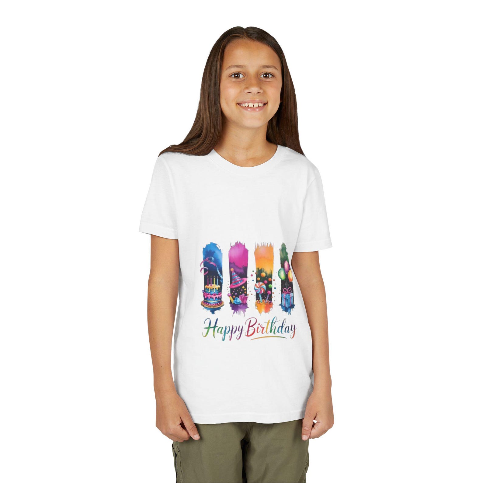 Happy Birthday Watercolor Numbers Youth Tee | Colorful Cake Balloons Celebration 160