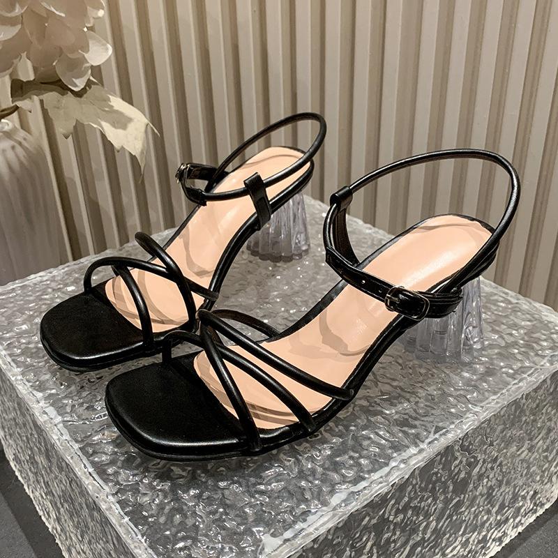 

Sandals summer 2025 new versatile fashion word with crystal thick heel fairy style with skirt Roman women s shoes 42 чорний