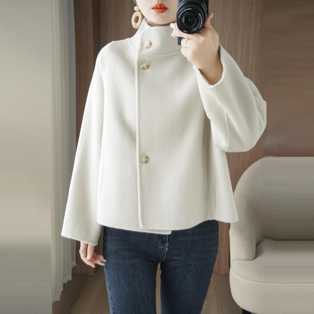 Premium 2025 Petite Double-Sided Wool Tweed Coat for Women - Short Stand Collar Design