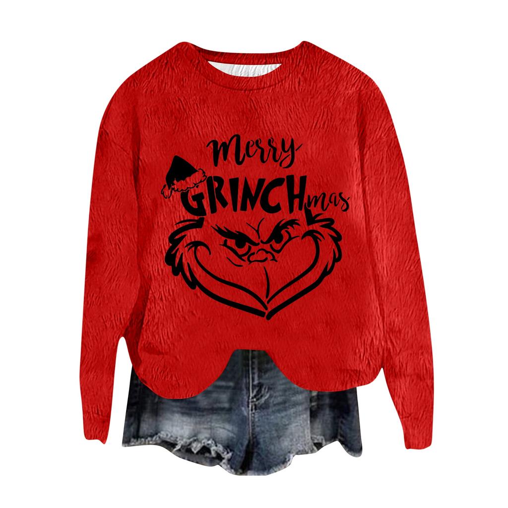 Women's Fashion Round Neck Pullover Top Long Sleeve Tee Christmas Printed Sweatshirt