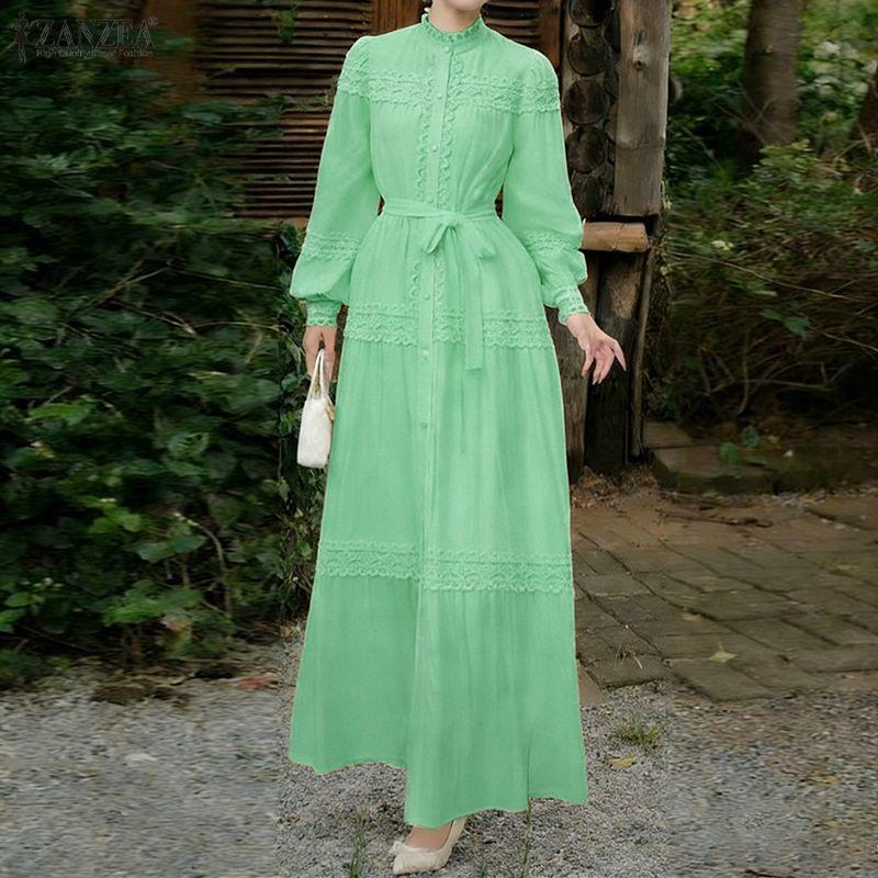 ZANZEA Women Casual Round Neck Long Sleeve Lace Patchwork Long Dress