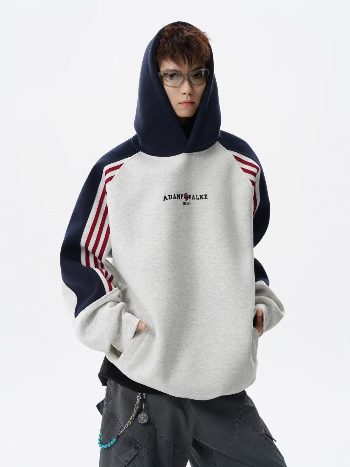 Men s American Retro Three-Stripes Color-Block Stand-Up Collar Hoodie for Spring/Autumn Extra Large серый/белый