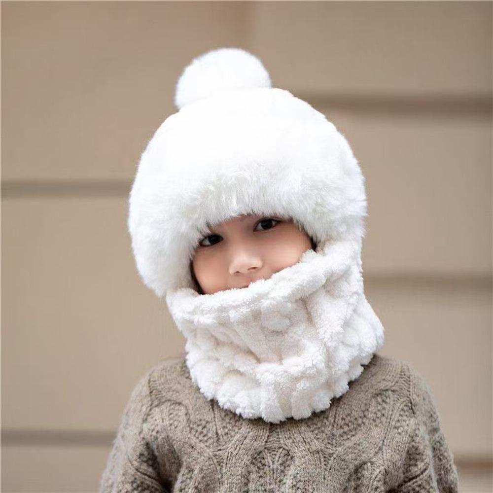 

Thickened Children s Scarf Pullover Cap Plush Kids Snow Caps Mask Hat Scarf Set Cycling Protection белый