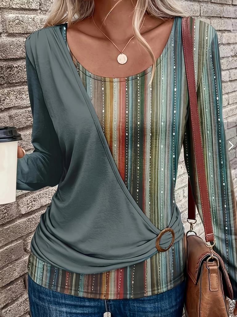 Women Elegant Striped Long Sleeve T-shirt U Neck Printed Casual Fashion Collarless Pullover Top