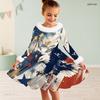 Girls High Neck Long Sleeve Furry Trim Tie Waist Red White Blue Eagle Star Printed A Line Flared Dress