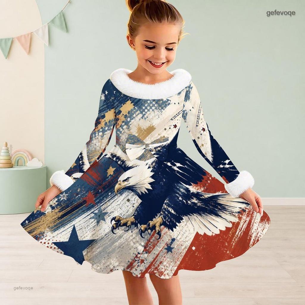 Girls High Neck Long Sleeve Furry Trim Tie Waist Red White Blue Eagle Star Printed A Line Flared Dress