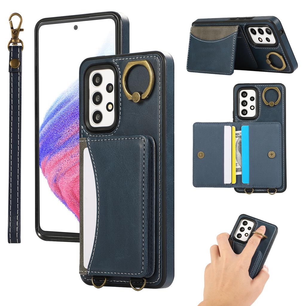 For Samsung Galaxy A53 5G PU Leather Back Case Card Holder Kickstand Phone Cover with Wrist Strap