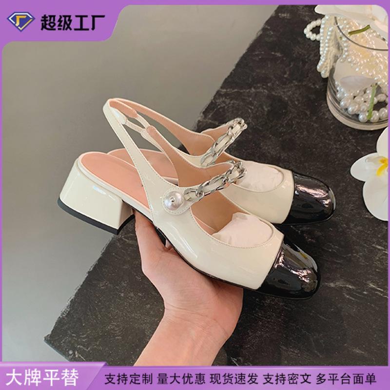 Grape mother studiolee girly style pearl chain shallow mouth empty thick heel bag head Mary Jane sandals women