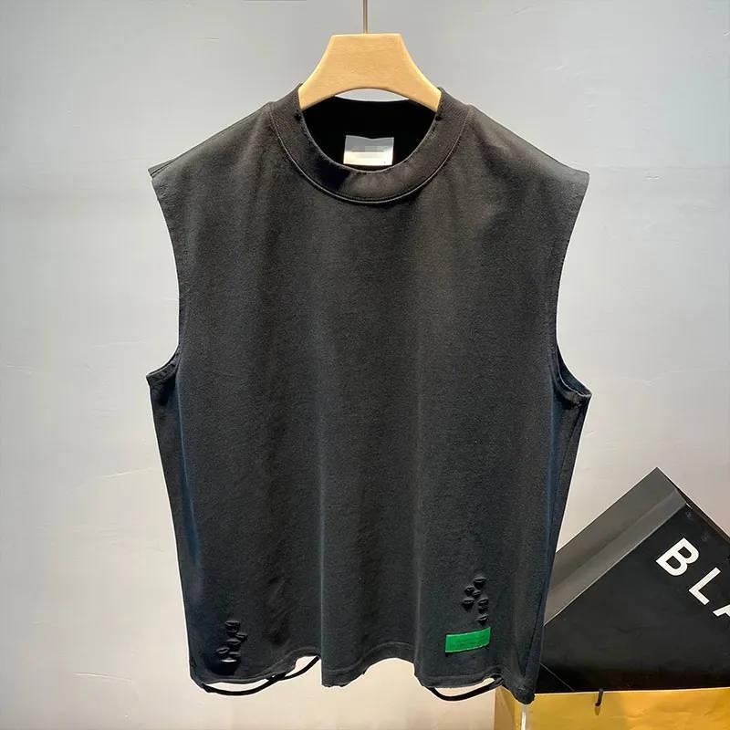 Summer Ripped Hole O Neck Men Tank Top Fashion Personality Casual Oversized T Shirt Clothing Sports Daily Street Black White