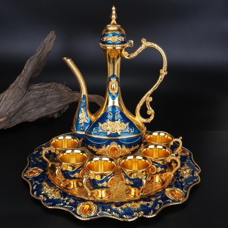 Exquisite Vintage Wine Glass, Alloy Home Wine Pot Wine Glass Set, European Wine Set, Wine Pot Home Living Room Decoration, 1Set