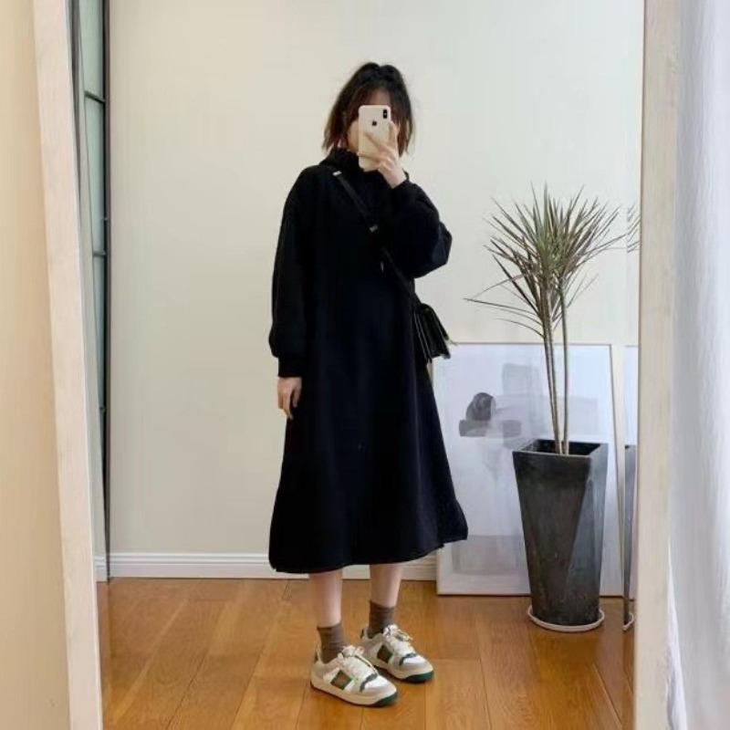 

Корейские толстовки с капюшоном с разрезом, серое платье для женщин, осень-зима, простой ленивый стиль, с капюшоном, с длинным рукавом, длина Vestidos One Size чёрный