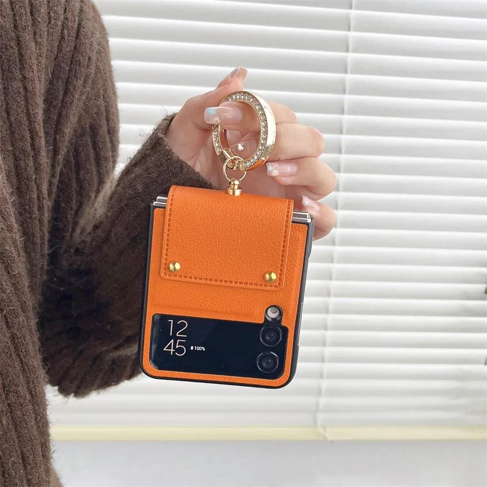 Ring Holder Phone Case  for Samsung Galaxy Z Flip6 Flip5 Flip4 Flip3 Flip 6 5 4 3 5G Folding Hinge Protection PU Leather Cover