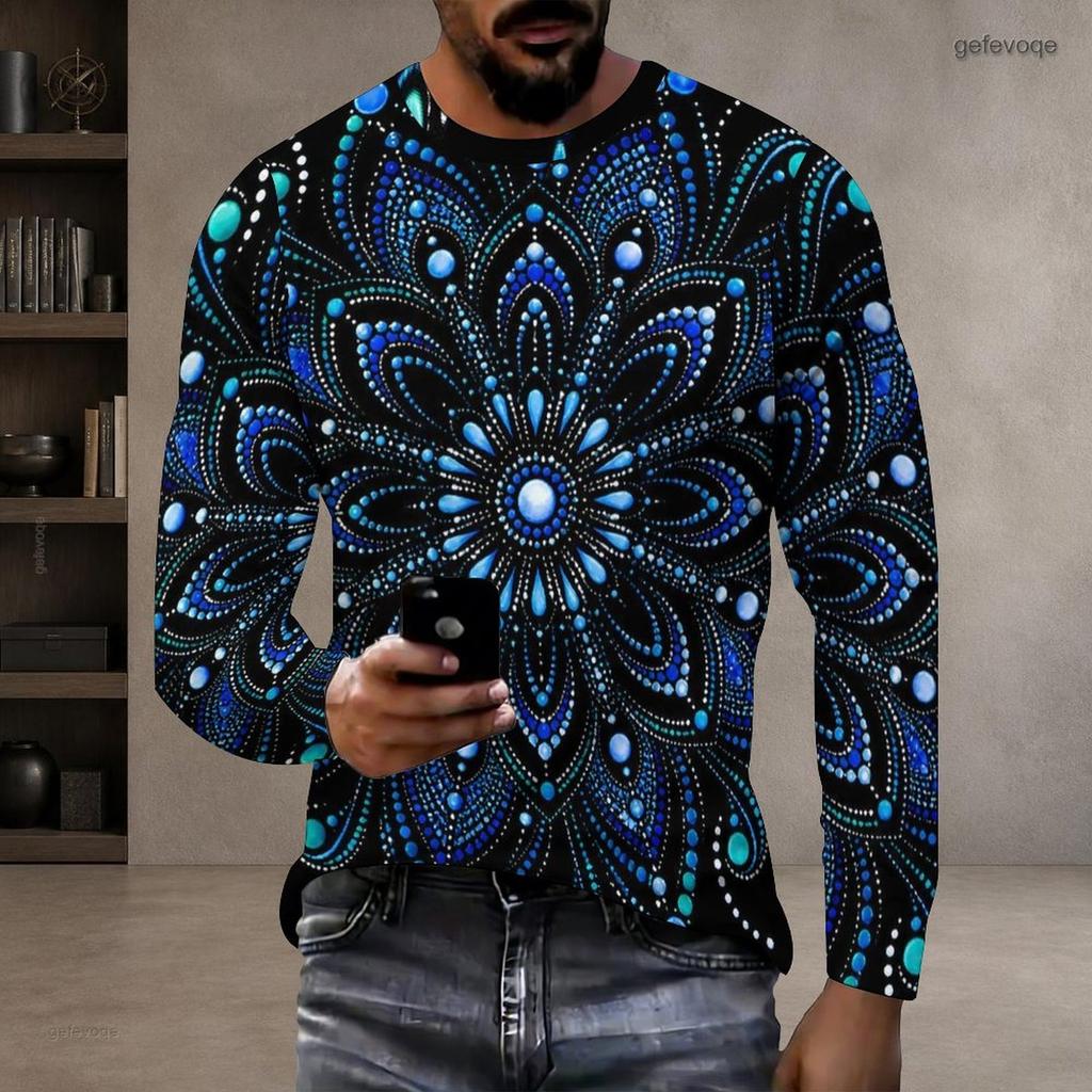 Men Plus Size Round Neck Long Sleeve Printed Gradient Striped Pullover T Shirt Straight Hem