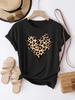 Casual Crew Neck T-Shirt with Leopard Print Heart Design Short Sleeve Fabric Tee Slight Stretch Pullover Top for All Seasons