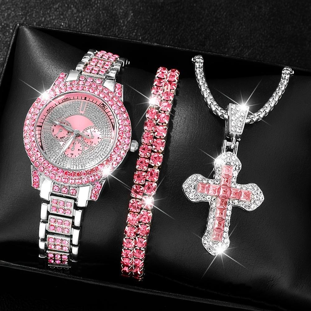 Fashion Ladies Roman Pattern Watch Set Cornucopia Quartz Watch Full Diamond Bracelet Necklace