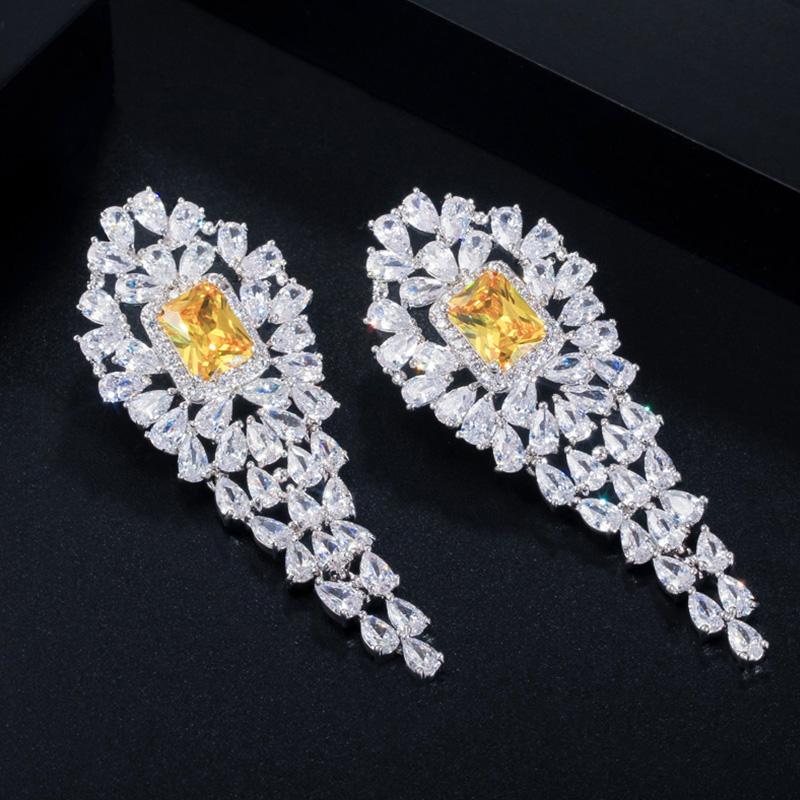 CMM Marke Frauen Partei Schmuck Weiß Gold Farbe Luxus Quadrat Gelb Lange Tropfen Ohrring mit Zirkon