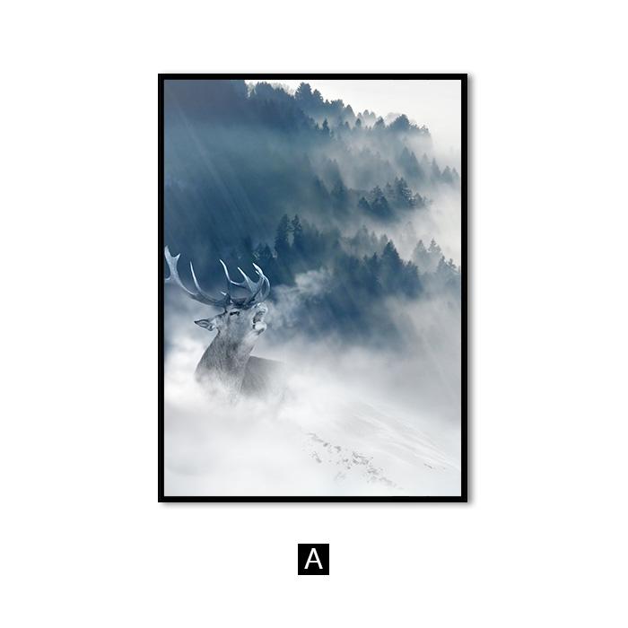 Nordic Black White Animal Poster Wolf Elk Wall Art Canvas Painting Forest Snow Mountain Print Picture for Living Room Home Decor