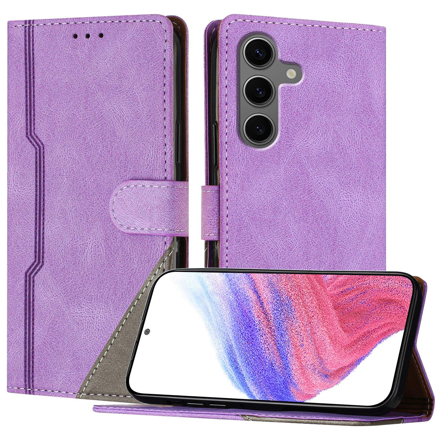

For Samsung Galaxy S25+ Leather Case Triangle Patchwork Wallet Stand Shockproof Phone Cover Purple