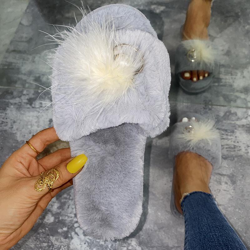 Fashion Light Open Toe Cotton Slippers for Women Elegant Pearls Detor Indoor Cotton Slippers Woman Soft Faux Fur Flats Plush Slides Lady