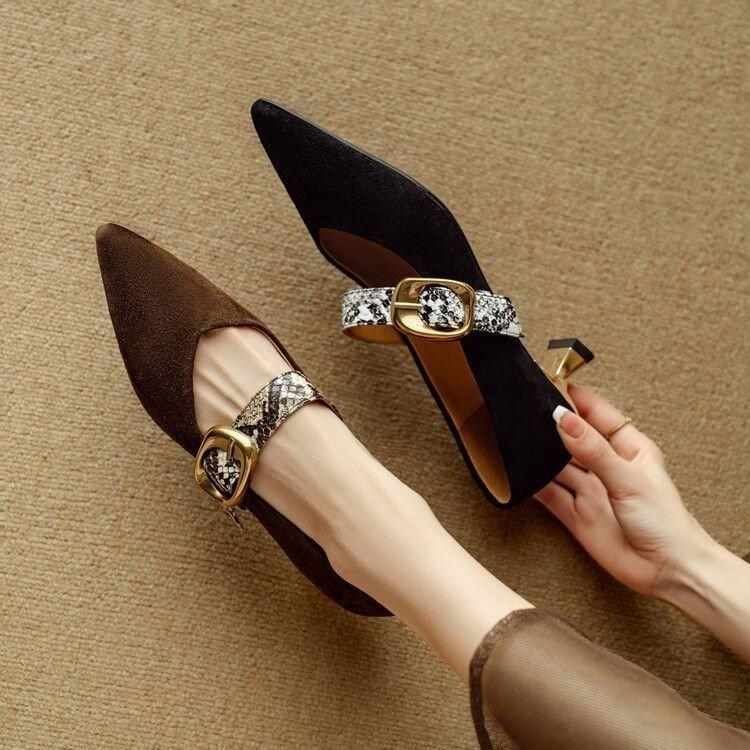 French one-word buckle strap stiletto shoes 2025 autumn pointed head shallow mouth frosted leather high heels medium heel Mary Jane shoes