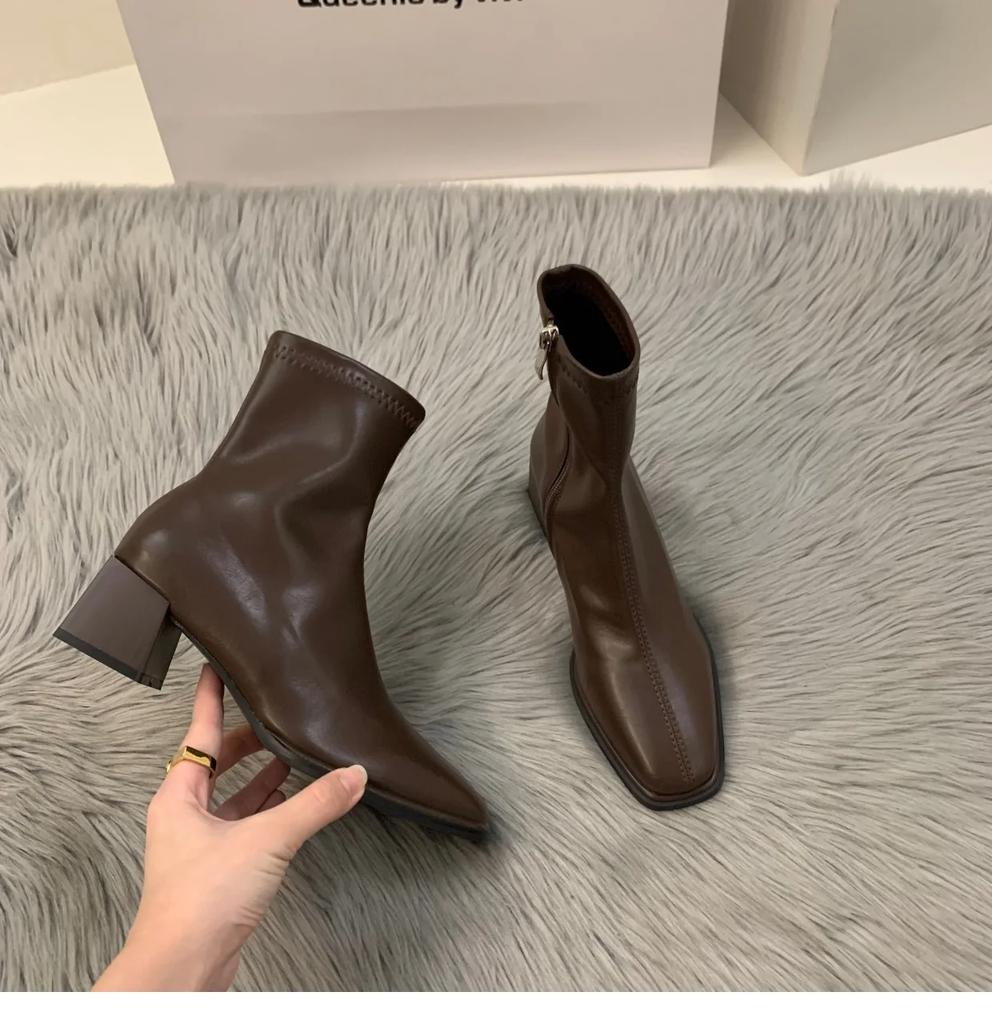 Short boots for women  new spring and autumn single boots round toe raised waterproof platform bare boots for women