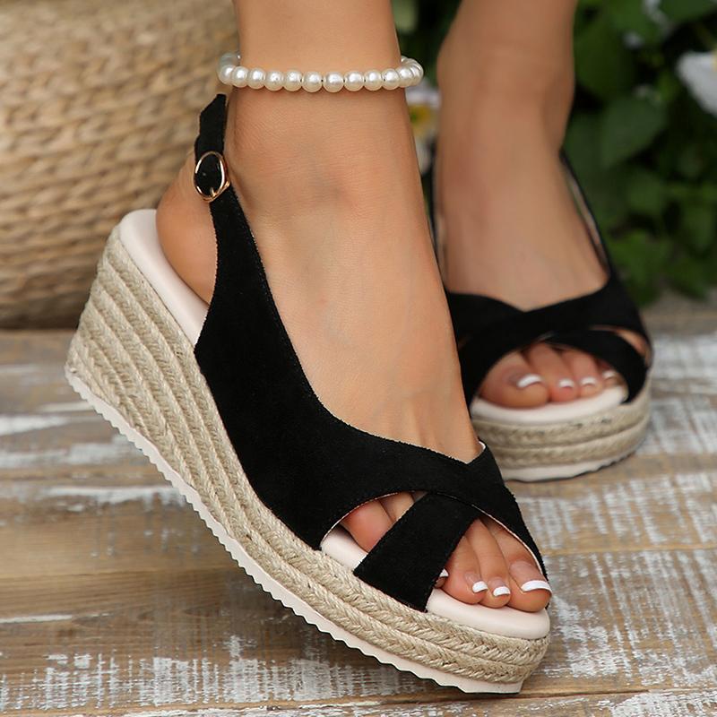 Fashion Black Suede Cross Straps Platform Wedge Heels Sandals Women Vintage Peep Toe Shoes Women Comfortable Light Weight Daily Sandals