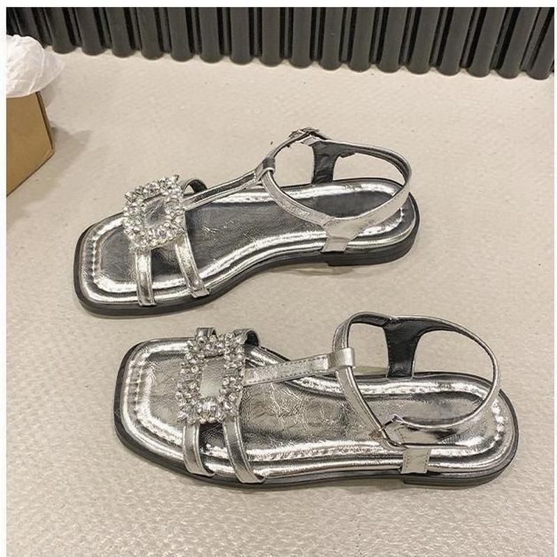 

Fashion 2025 Summer Gladiator Women Sandals Fashion Elegant Narrow Band Open Toe Shoes Ladies Comfort Flats Beach Sandalias Slides Shoes 42 серебряный