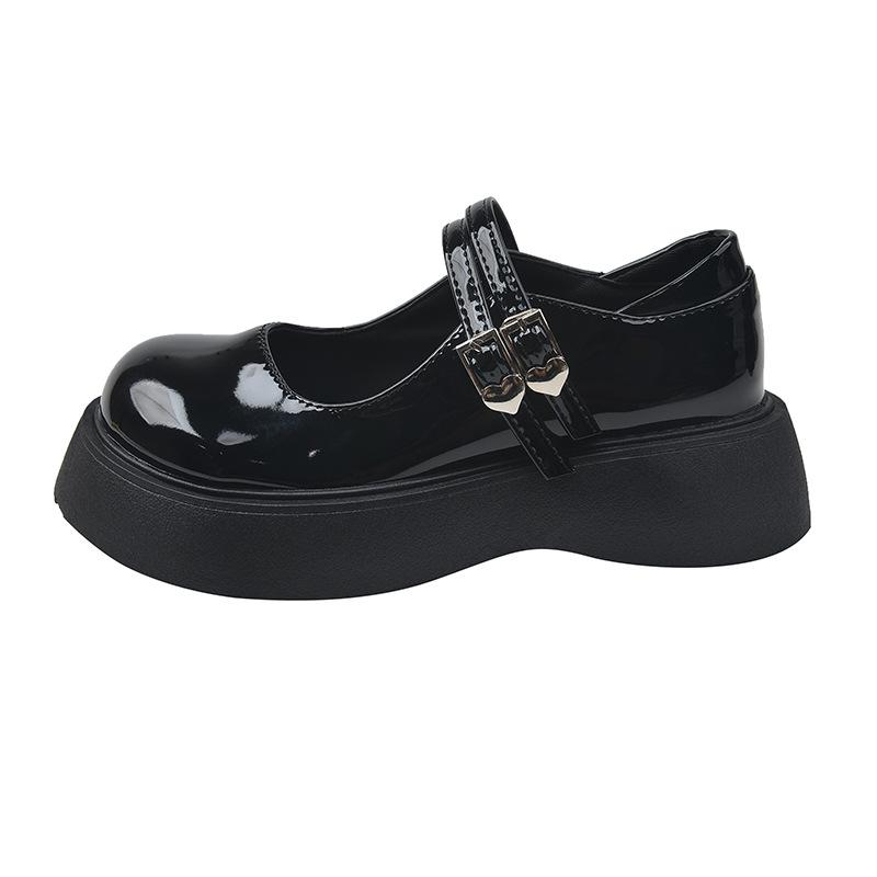 Black thick heel platform small leather shoes women's spring new French heightening Mary Jane shoes jk leather shoes high heels