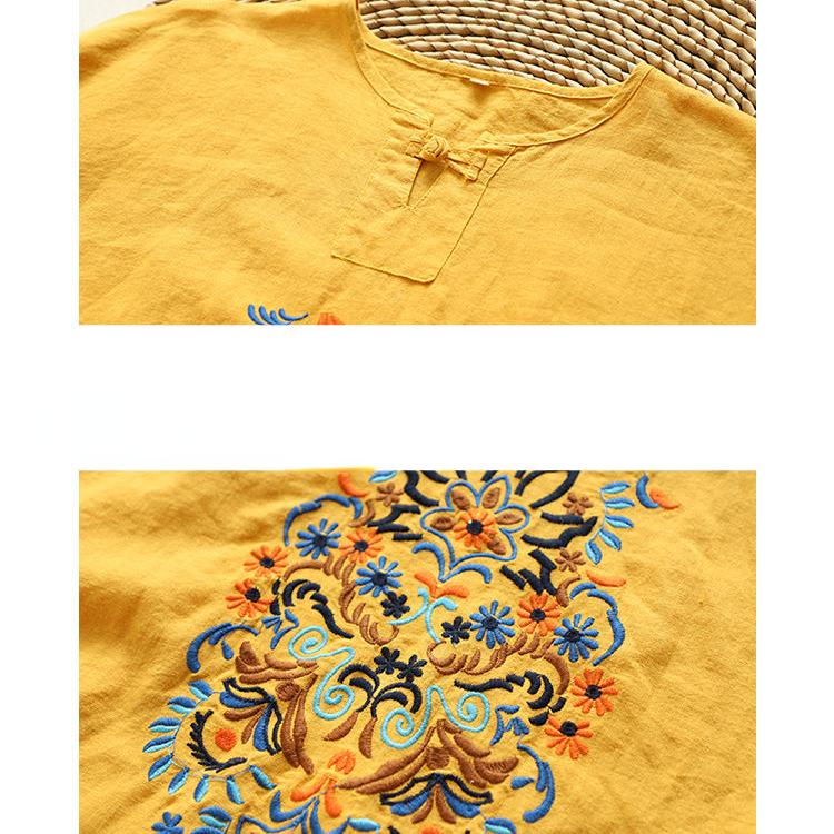 Vintage Embroidered Loose Fit V-neck Short Sleeve Cotton Linen T-Shirt Women Top