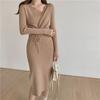 Large Temperament Light Mature Style Medium Length Knitted V-neck Split Dress