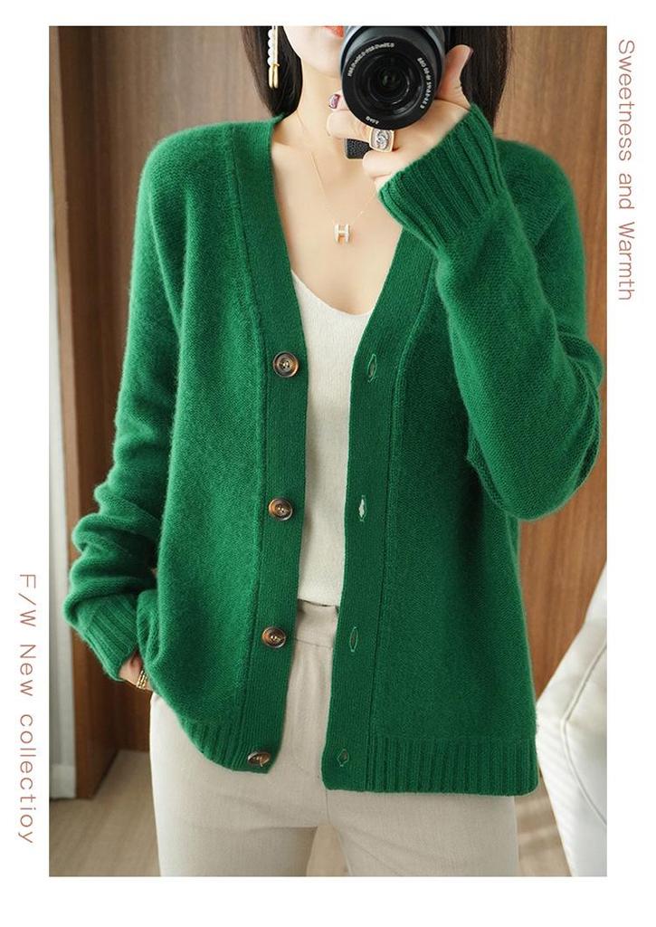 Women's Pure Wool Solid Color Cashmere Cardigan Sweater - V Neck Autumn/Winter Knitwear