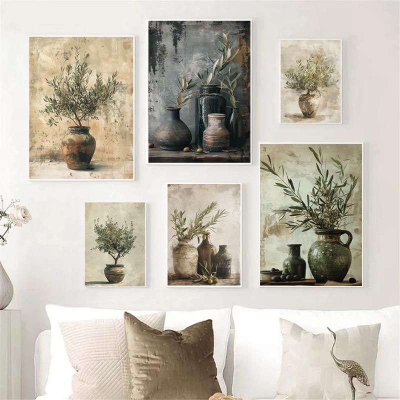 Mediterranean Antique Olive Branch Green Plant Rustic Kitchen Elegant Vase Poster Canvas Painting Wall Picture Home Decor