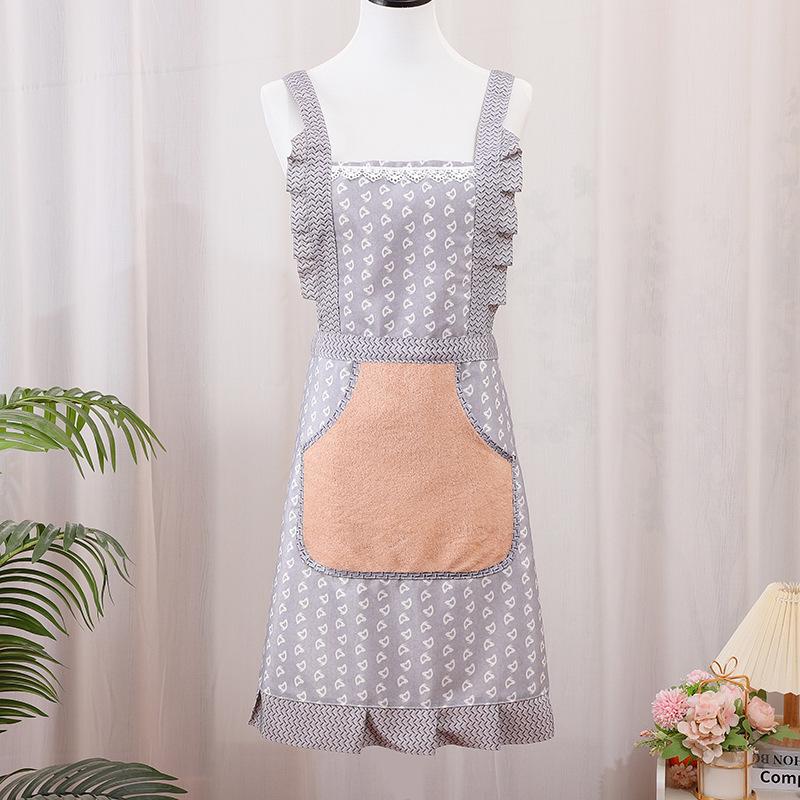 

Wipe hand pocket princess skirt lace anti-fouling shoulder strap apron home kitchen cooking dirt-resistant overalls серый