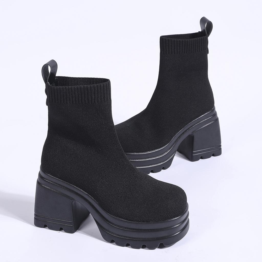 Fashion Aphixta Black Cotton Fabric Breathable Ankle Boots Women High Heel Platform Lady Footwear Shoes Elastoc Women Sock Boots