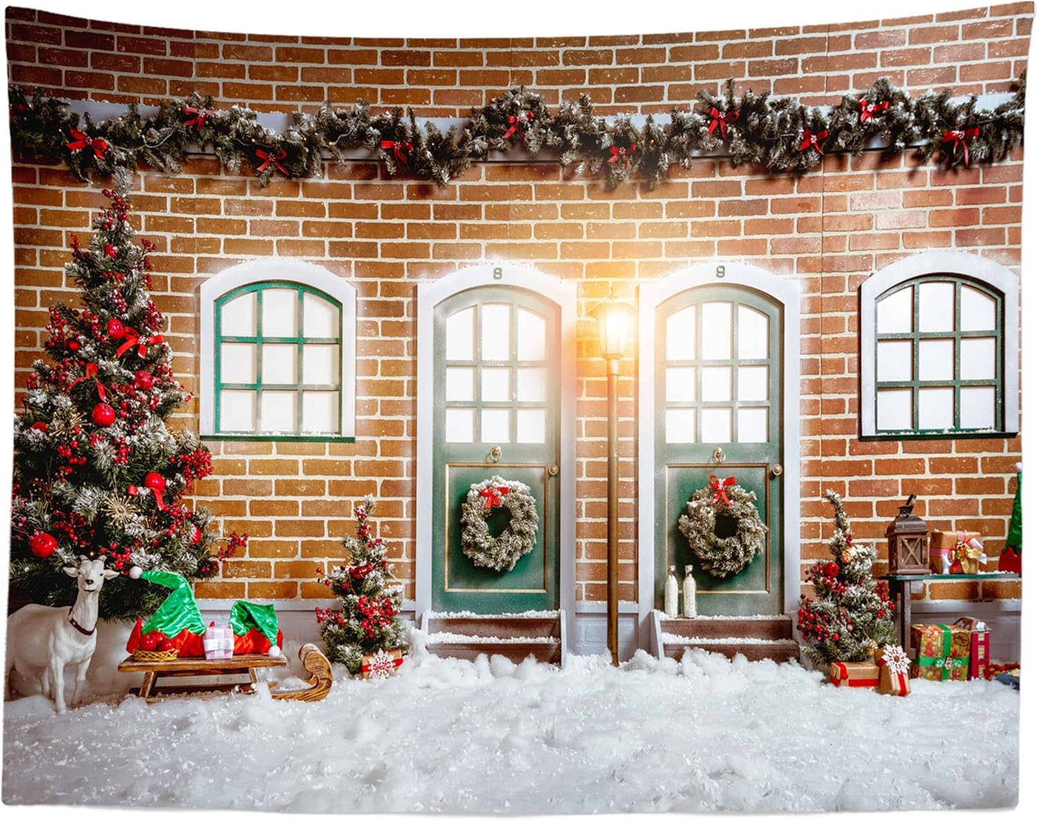 

Рождественский студийный гобелен на стену Рождественские деревянные двери окна Зимняя снежная сцена Рождественские елки Подарки Искусство Настенный декорРождество 230x180cm