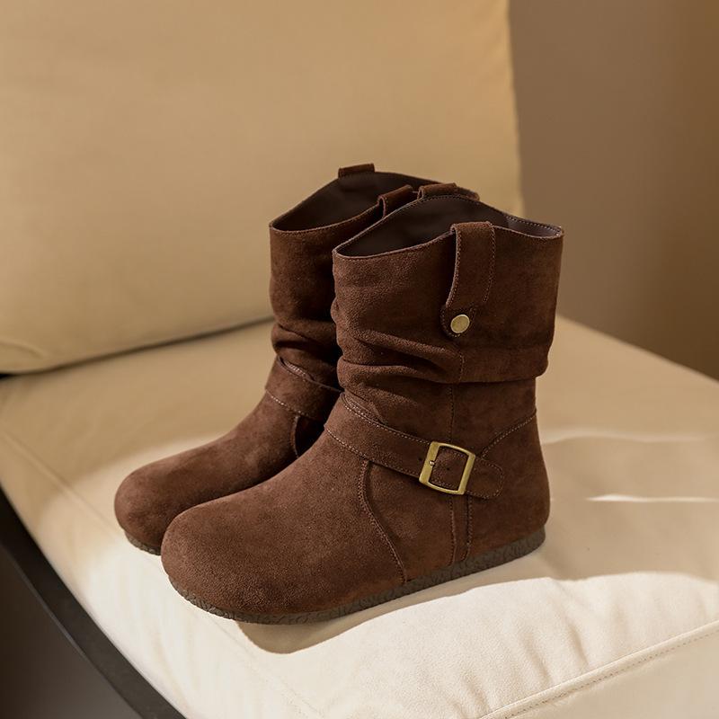 Maillard Retro Short Boots Women's Autumn New Short Tube Pleated Piled Boots Inner Height Increase Martin Boots